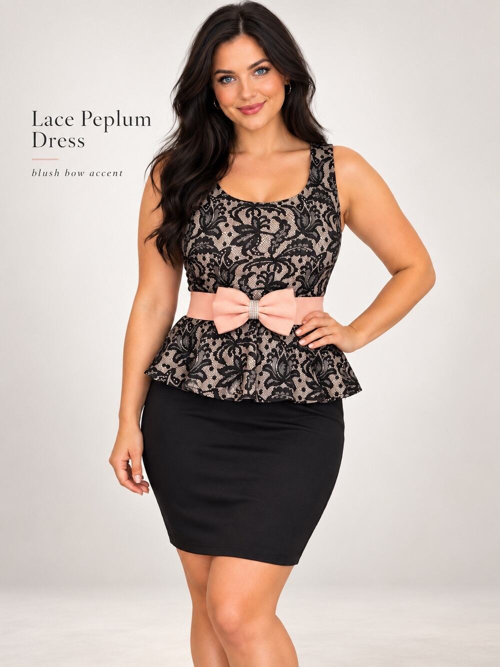 Black Nude Lace Peplum Sheath Cocktail Dress Stretch Waist Bow Belt XL